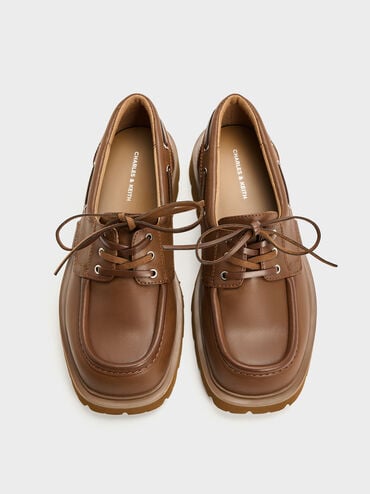 Ridged-Sole Boat Shoes, Cognac, hi-res
