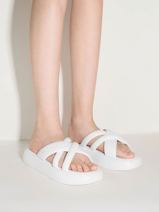 Puffy Crossover-Strap Slide Sandals, White, hi-res