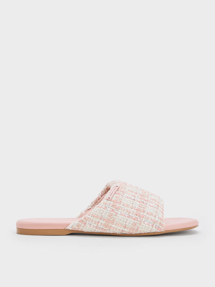 Tweed Puffy Wide-Strap Slide Sandals, Light Pink, hi-res