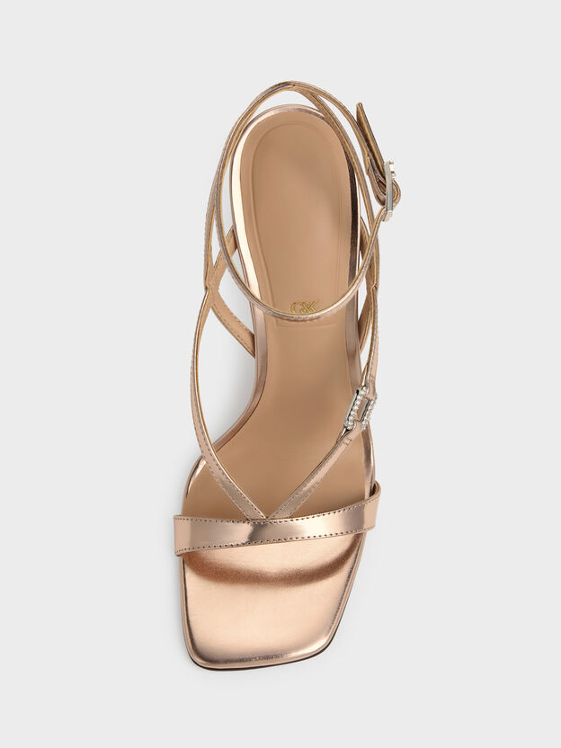 Metallic Leather Crystal-Buckle Ankle-Strap Heels, Bronze, hi-res