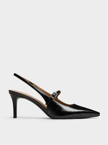 Pointed Slingback Mary Jane Pumps, Black, hi-res