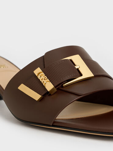 Whitney Leather Buckled Block-Heel Mules, Dark Brown, hi-res