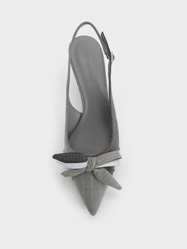 Striped Knot-Bow Pointed Slingback Pumps, Grey, hi-res