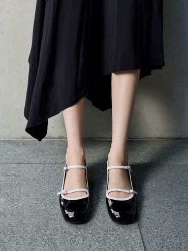 Patent Contrast-Trim Double-Strap Mary Jane Pumps, Black Patent, hi-res