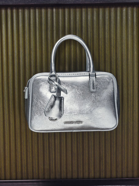 Mini Sianna Metallic Bowling Bag, Silver, hi-res
