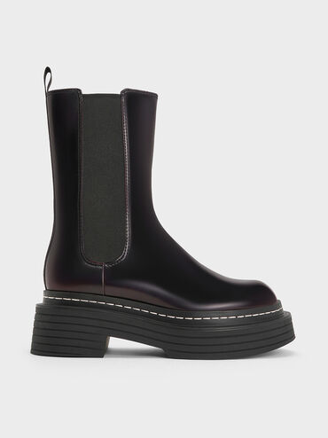 Stitch-Trim Platform Mid-Calf Chelsea Boots, Burgundy, hi-res