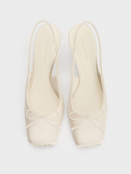 Satin Ruched Stiletto Slingback Pumps, Chalk, hi-res