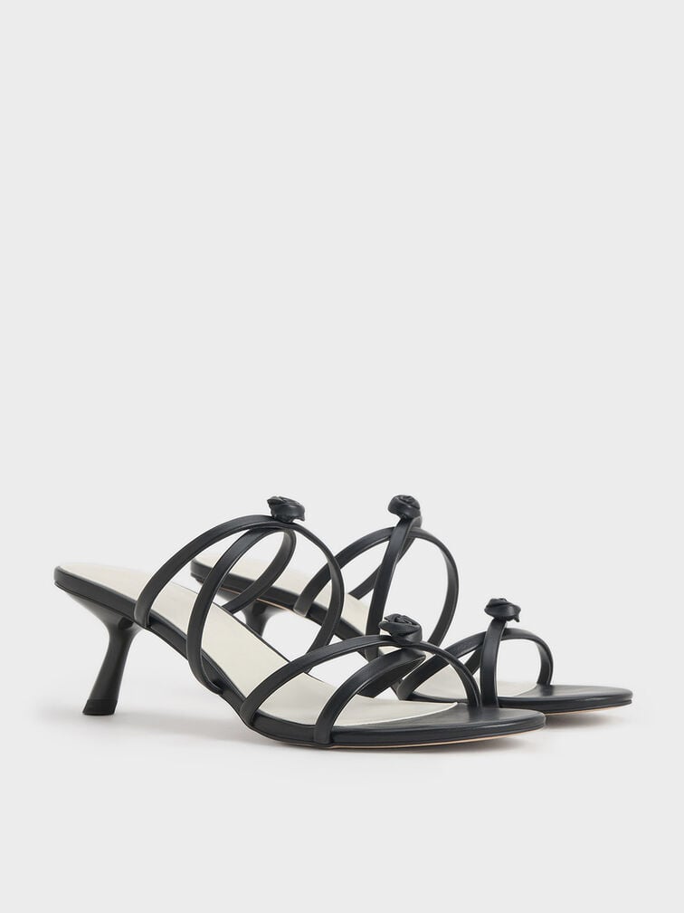 Rose Strappy Slant-Heel Mules, Black, hi-res