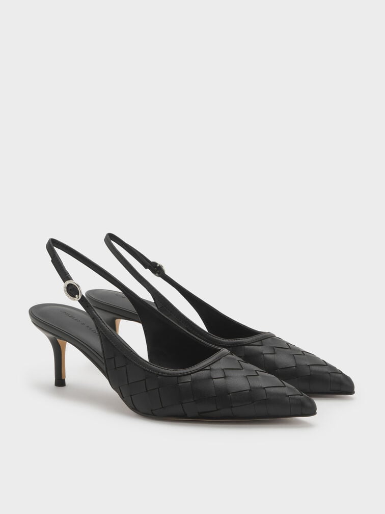 Ivette Woven Pointed-Toe Slingback Pumps, Black, hi-res