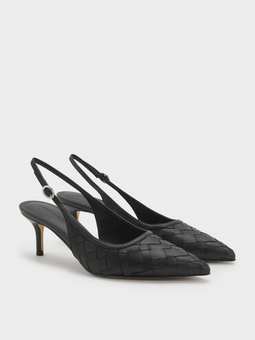 Ivette Woven Pointed-Toe Slingback Pumps, Black, hi-res