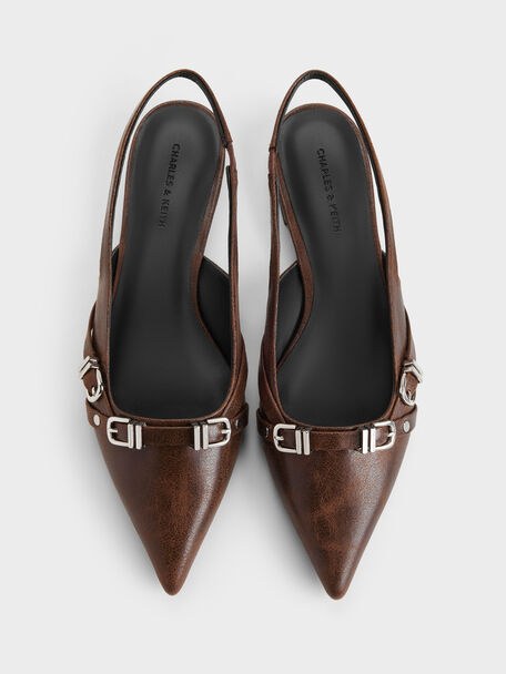 Aira Buckled-Strap Slingback Flats, Dark Brown, hi-res