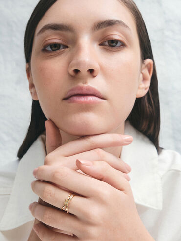 Felicity Flower-Motif Crystal Crossover Ring, Gold, hi-res