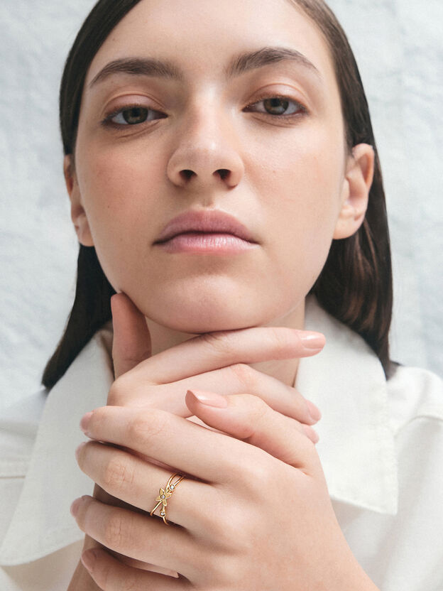 Felicity Flower-Crystal Crossover Ring, Gold, hi-res