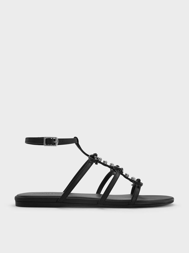 Gem-Embellished Bow T-Bar Sandals, Black, hi-res