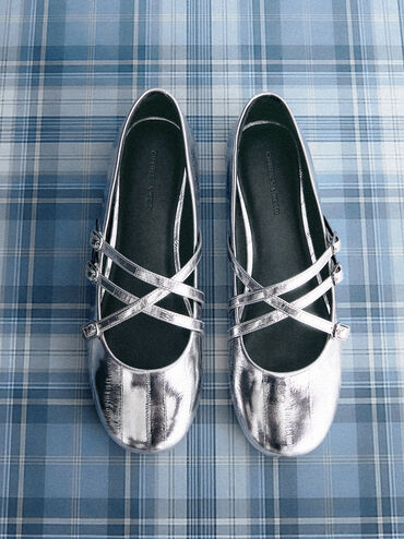Metallic Triple-Strap Crossover Mary Jane Flats, Silver, hi-res