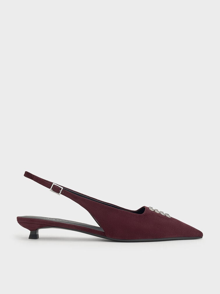Faux Suede Crystal-Embellished Slingback Pumps, Burgundy, hi-res