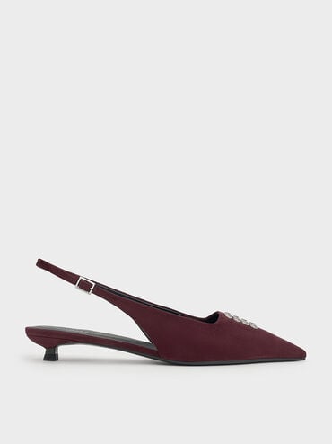 Faux Suede Crystal-Embellished Slingback Pumps, Burgundy, hi-res