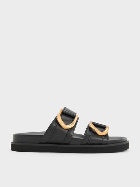 Gabine Gold-Buckle Leather Slides, Black, hi-res