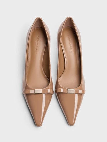 Dorian Patent Bow Pointed-Toe Stiletto-Heel Pumps, Caramel, hi-res