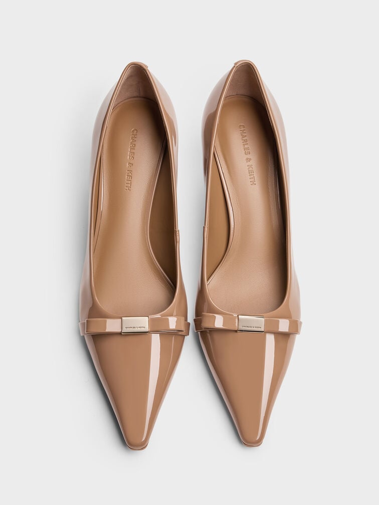 Dorian Patent Bow Pointed-Toe Stiletto-Heel Pumps, Caramel, hi-res