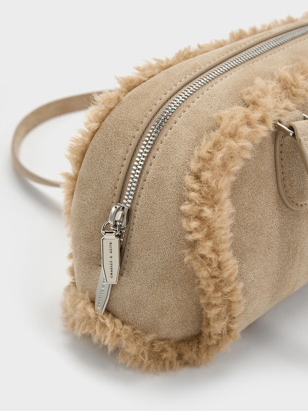 Nelly Faux Shearling Elongated Shoulder Bag, Nutmeg Beige, hi-res