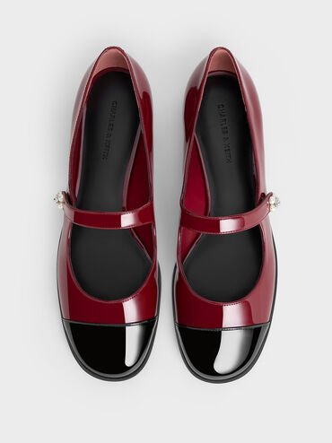 Patent Pearl-Embellished Flower-Buckle Cap-Toe Mary Janes, Maroon, hi-res