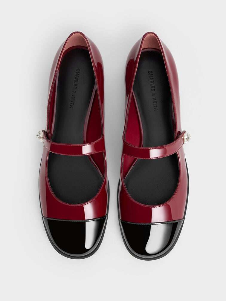 Patent Pearl-Embellished Flower-Buckle Cap-Toe Mary Janes, Maroon Patent Pearl-Embellished Flower-Buckle Cap-Toe Mary Janes, Maroon, hi-res