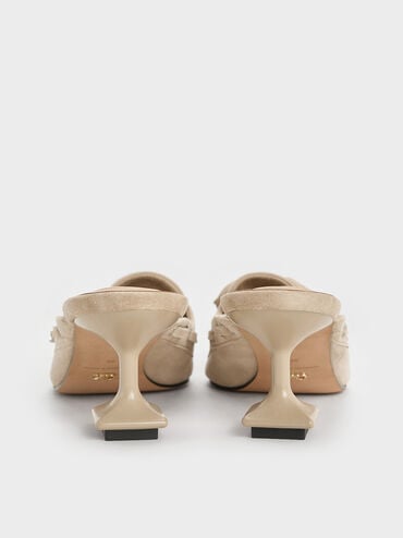 Kori Suede Lace-Up Sculptural-Heel Mules, Beige, hi-res