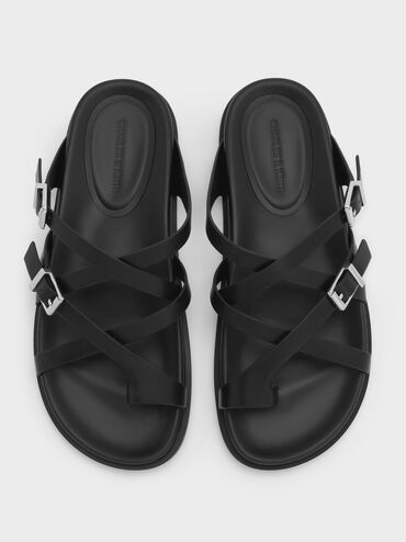 Crossover Toe-Ring Sandals, Black, hi-res