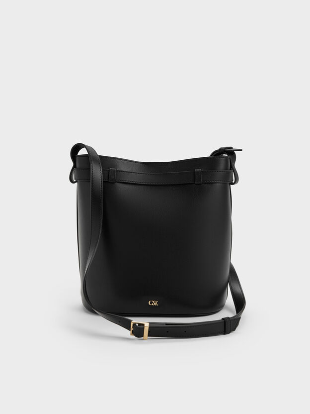Jody Leather Belted Bucket Bag, Black, hi-res