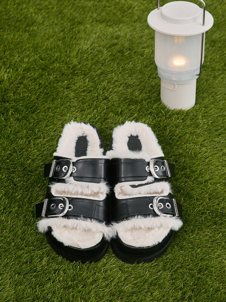 Hannah Furry Buckled Double-Strap Sandals, Black Hannah Furry Buckled Double-Strap Sandals, Black, hi-res