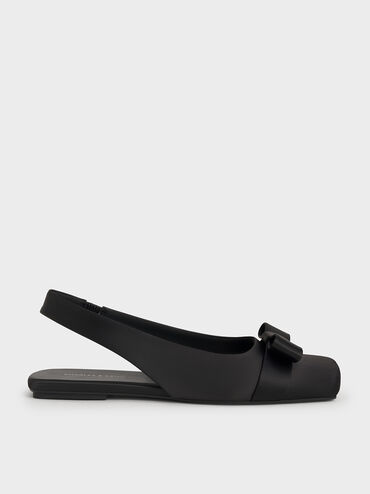 Satin Bow Slingback Ballet Flats, Black Textured, hi-res
