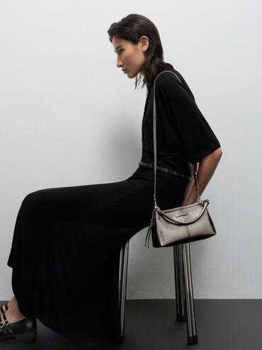 Noane Metallic Top Handle Bag, Pewter, hi-res