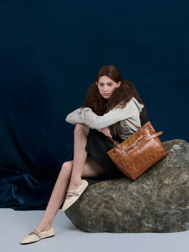 Delfina Belted Tote Bag, Distressed Tan, hi-res