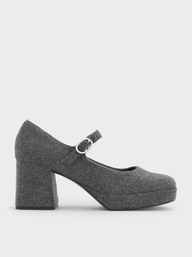 Felt Platform Block-Heel Mary Jane Pumps, Grey, hi-res