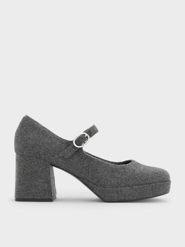 Felt Platform Block-Heel Mary Jane Pumps, Grey, hi-res