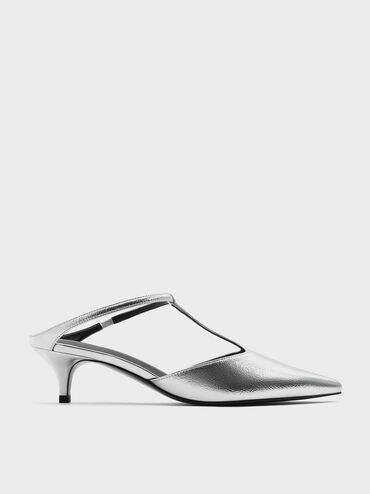 Metallic T-Bar Pointed-Toe Kitten-Heel Mules, Silver, hi-res