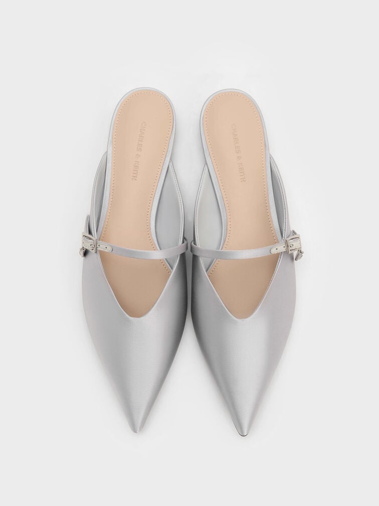 Satin Teardrop-Crystal Flat Mules, Silver, hi-res