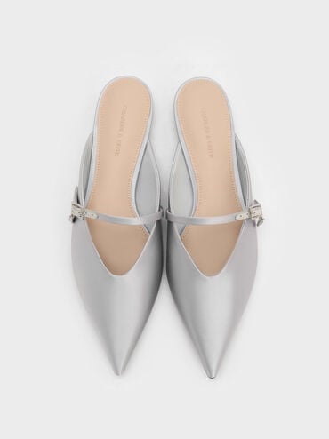 Satin Teardrop-Crystal Flat Mules, Silver, hi-res