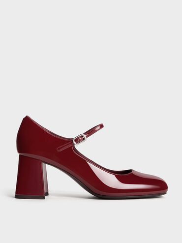Patent Block-Heel Mary Jane Pumps, Maroon, hi-res