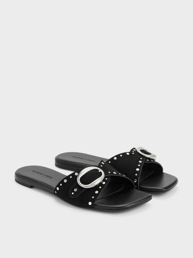 Studded Buckled Slide Sandals, Black, hi-res