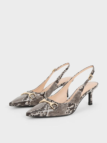 Leslie Snake-Print Metallic-Accent Slingback Pumps, Animal Print Natural, hi-res