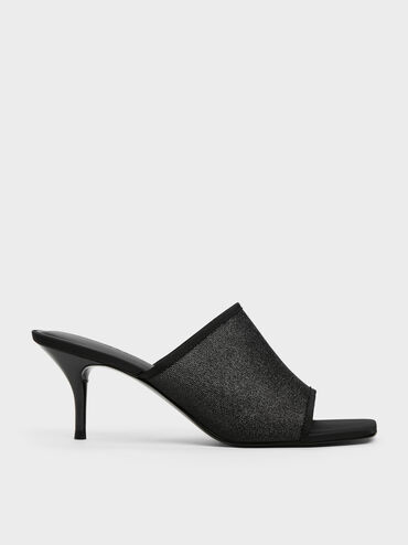 Glittered Mesh Heeled Mules, Black Textured, hi-res