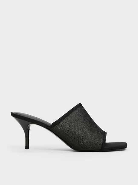 Glittered Mesh Heeled Mules, Black Textured, hi-res