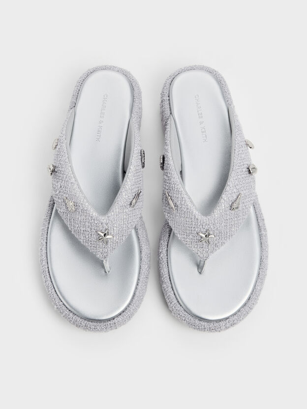 Tweed Beach Flatform Thong Sandals, Silver, hi-res