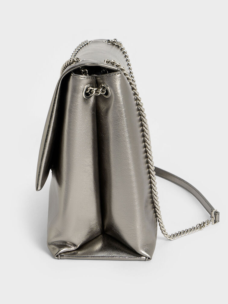 Sianna Metallic Crinkle-Effect Chain-Handle Shoulder Bag, Pewter, hi-res