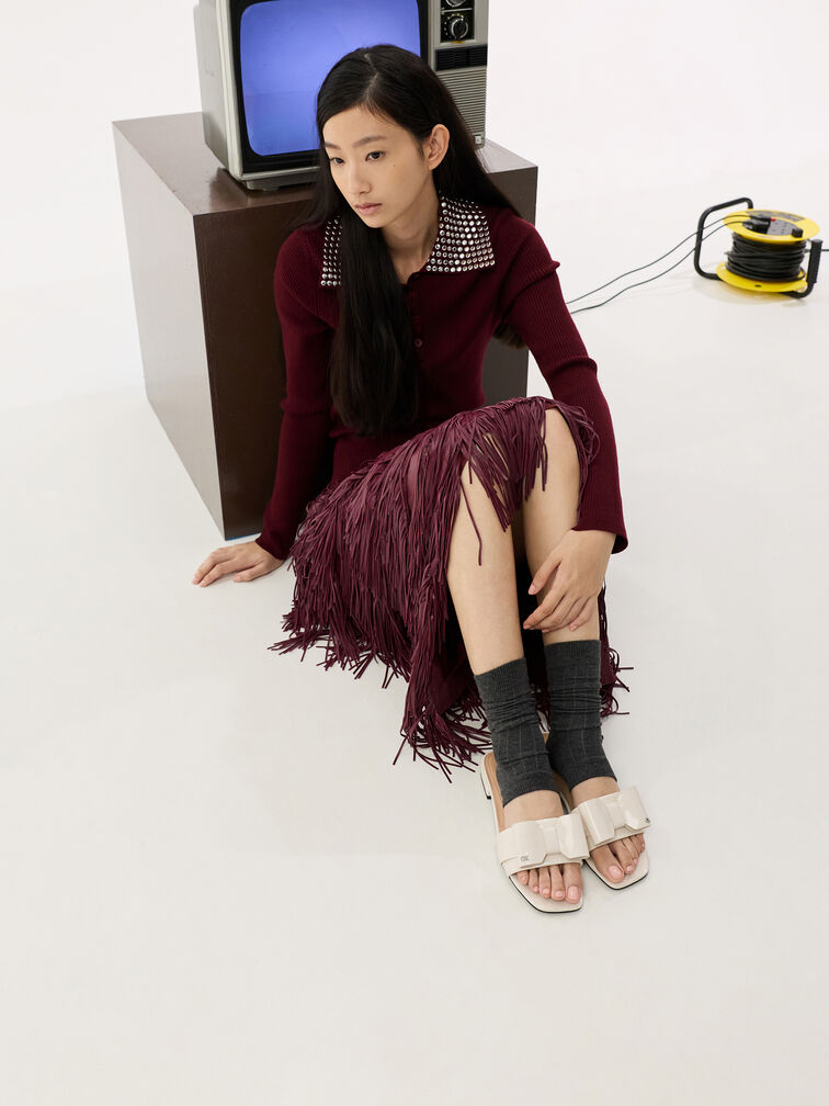 Lu Patent Leather Bow Slide Sandals, Chalk, hi-res