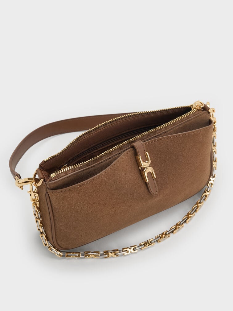 Adalyn Recycled Suede Metallic-Buckle Chain-Handle Shoulder Bag, Mocha Brown, hi-res