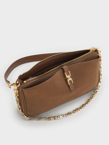 Adalyn Recycled Suede Metallic-Buckle Chain-Handle Shoulder Bag, Mocha Brown, hi-res