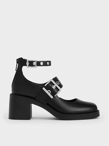 Grommet-Strap Mary Jane Pumps, Black, hi-res